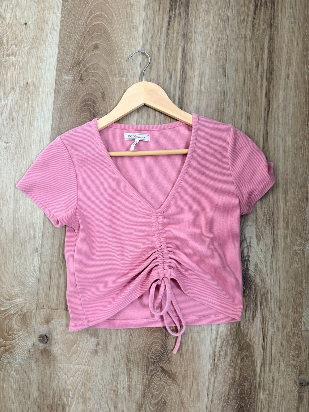 BCBGeneration Pink Ruched V-Neck Crop Top